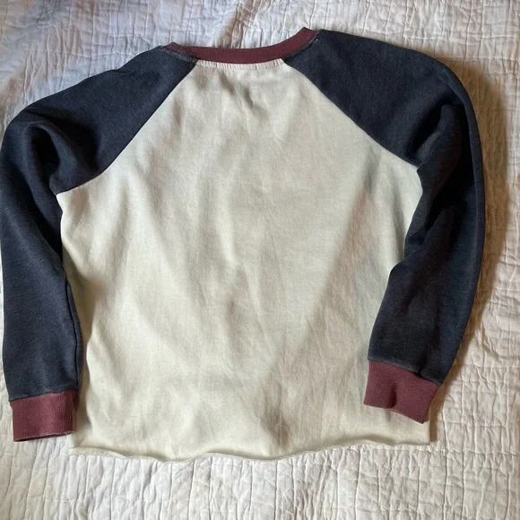 WHITE NAVY BLUE RAGLAN SLEEVE KNOTTED TIE FRONT WAIST SWEATSHIRT - Picture 2 of 3